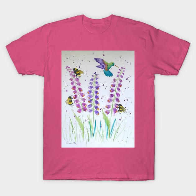 Hummingbird, bumble bee and foxglove T-Shirt by Casimirasquirkyart